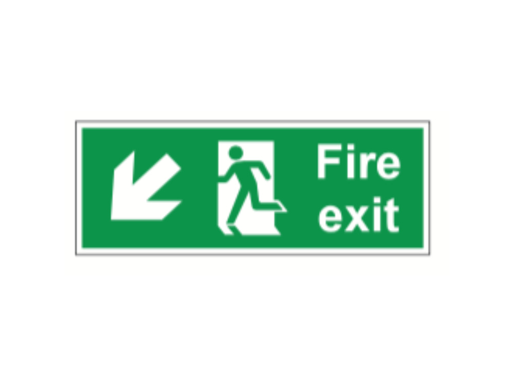 Fire Exit with Arrow Down Left Sign on 4mm Foamex Board 400x150mm