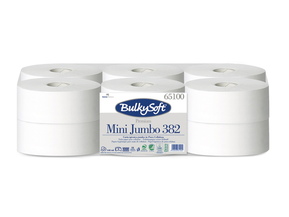 Bulkysoft Premium 65100 Mini Jumbo Toilet Roll Pure Tissue 60mm Core 2ply White 150m