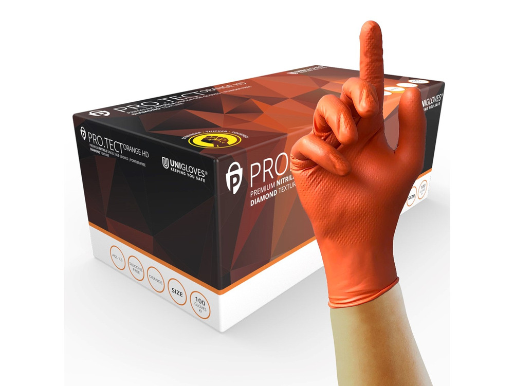 Uniglove PRO.TECT Powder Free Diamond Grip Nitrile Glove Orange